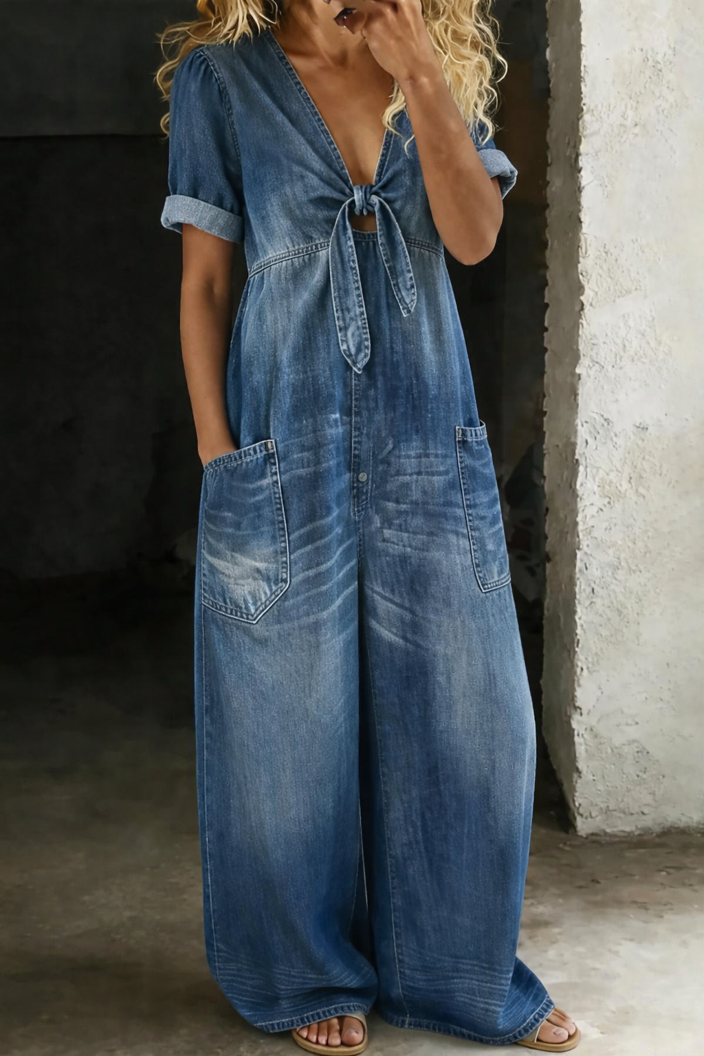 Naya - combinaison courte en denim à décolleté en V pour femme