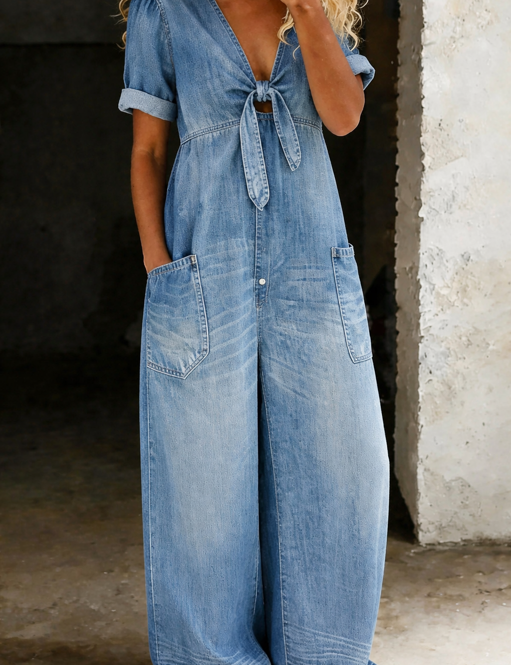 Naya - combinaison courte en denim à décolleté en V pour femme - vue 4