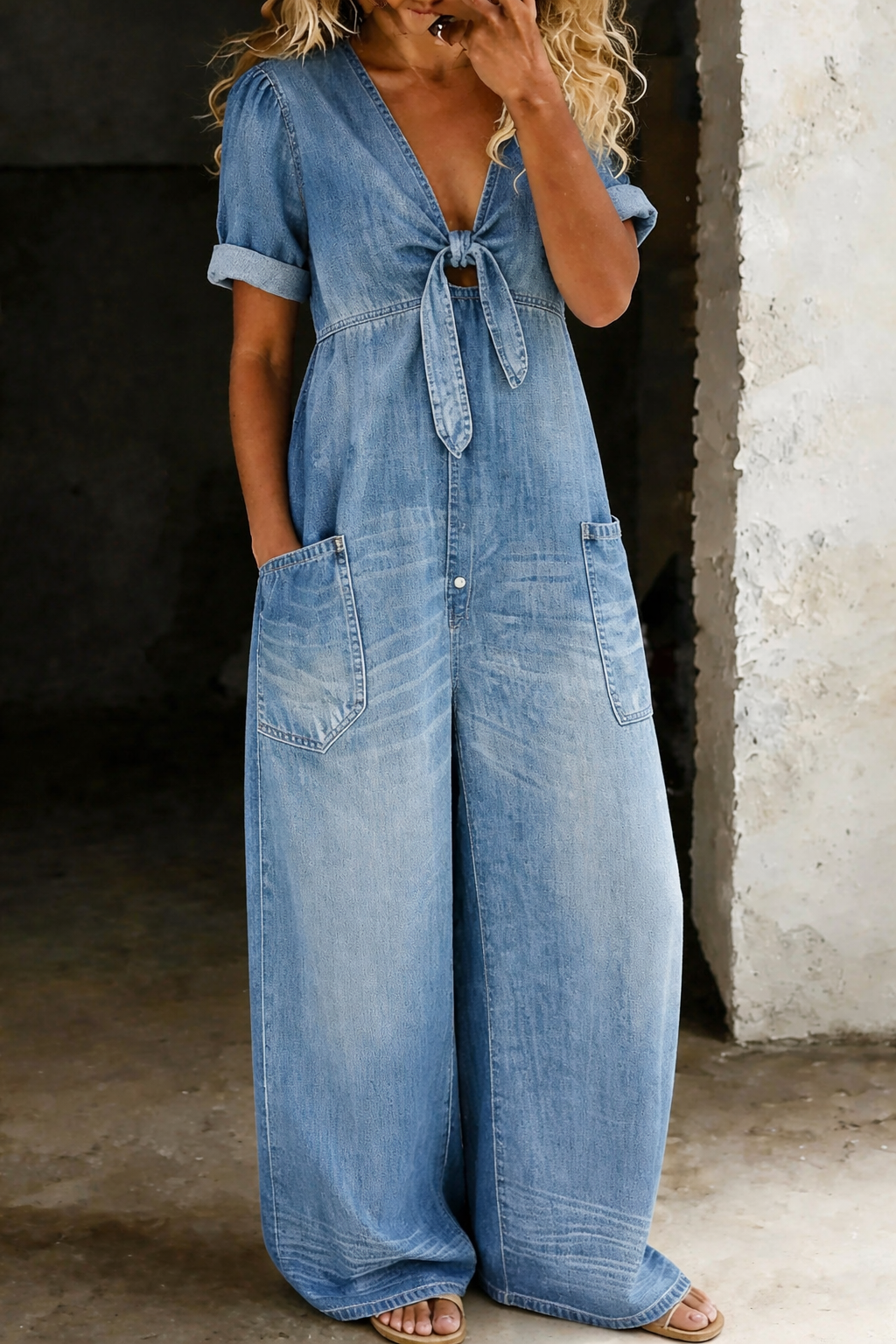 Naya - combinaison courte en denim à décolleté en V pour femme - vue 4
