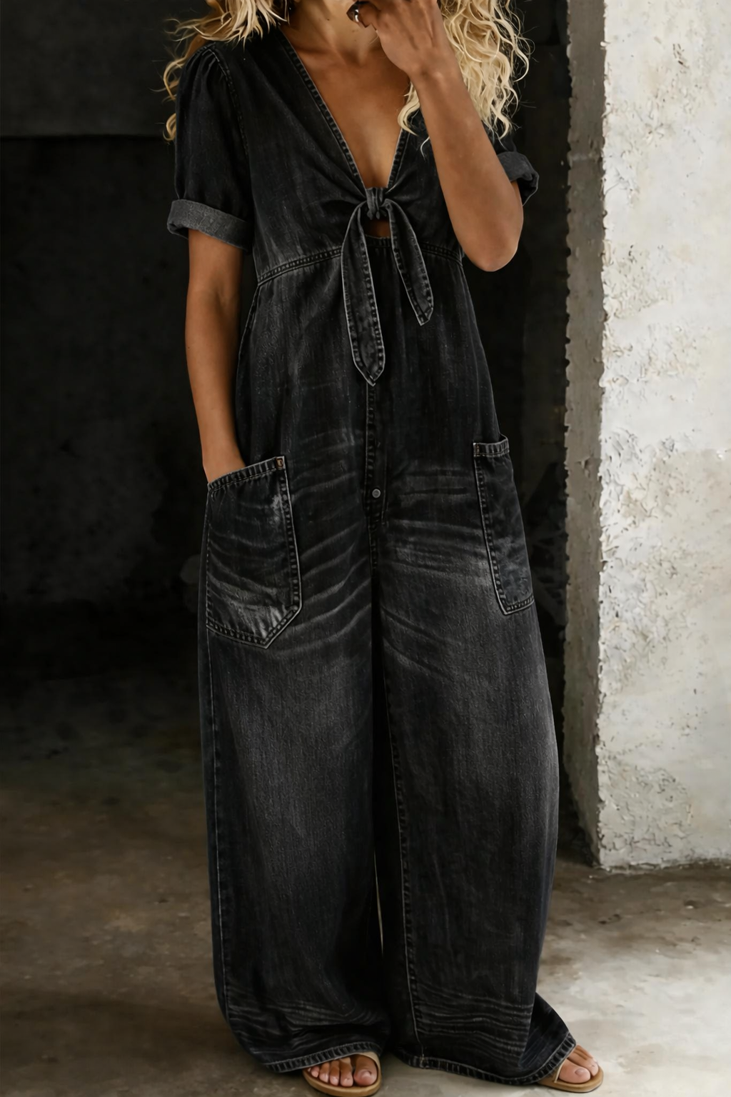 Naya - combinaison courte en denim à décolleté en V pour femme - vue 5