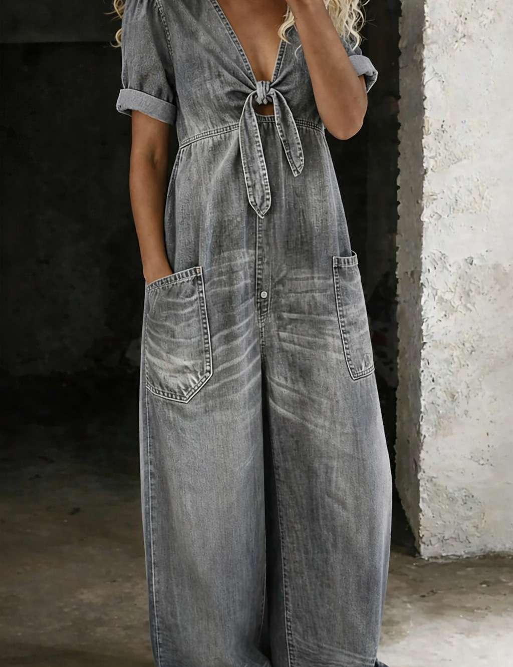 Naya - combinaison courte en denim à décolleté en V pour femme - vue 6