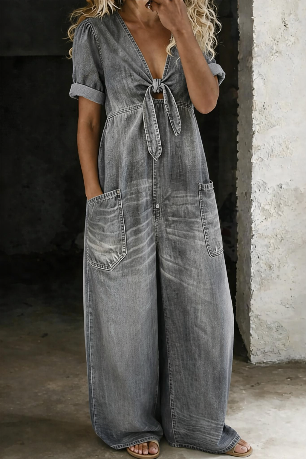 Naya - combinaison courte en denim à décolleté en V pour femme - vue 6