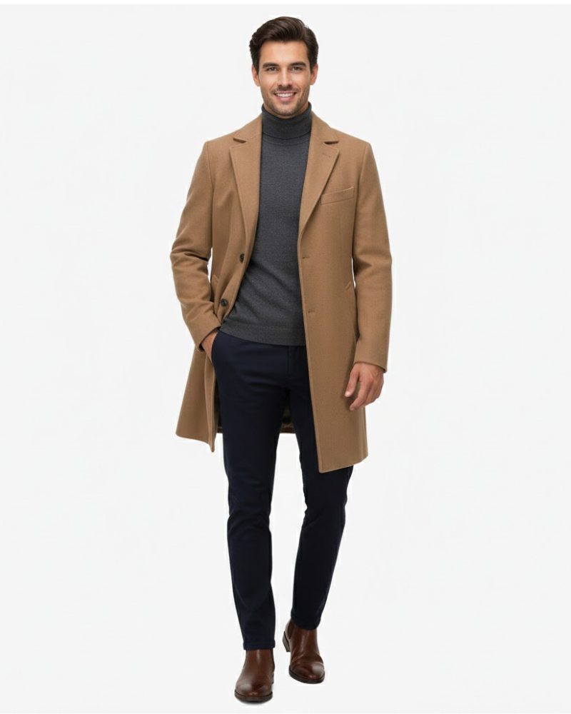 Cillian  Manteau Long en Laine Homme – Coupe Structurée, Simple Boutonnage & Style Hiver
