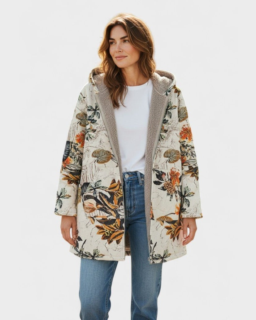 Elena - Manteau à capuche Boho-Sherpa avec motif floral - vue d'ensemble