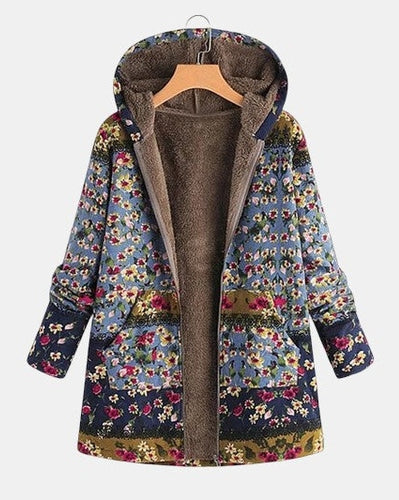 Elena - Pull à capuche boho en sherpa avec motif floral - vue d'ensemble