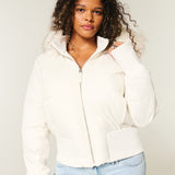 Virgie Cropped Puffer Veste Femme – Doudoune Courte avec Col en Fausse Fourrure