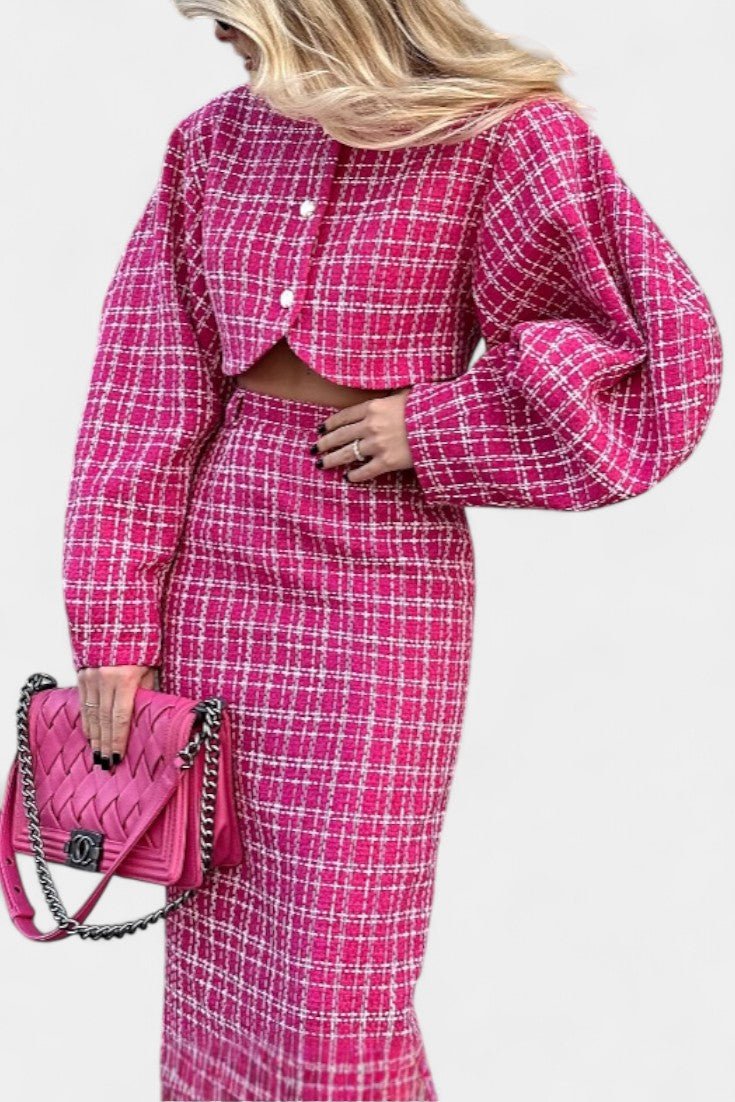Delphine - Ensemble veste à carreaux rose & jupe longue