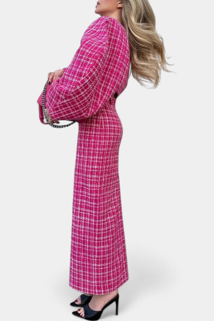 Delphine - Ensemble veste à carreaux rose & jupe longue