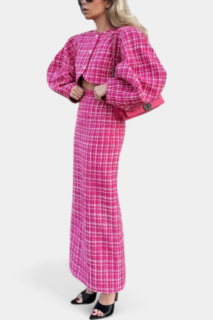 Delphine - Ensemble veste à carreaux rose & jupe longue