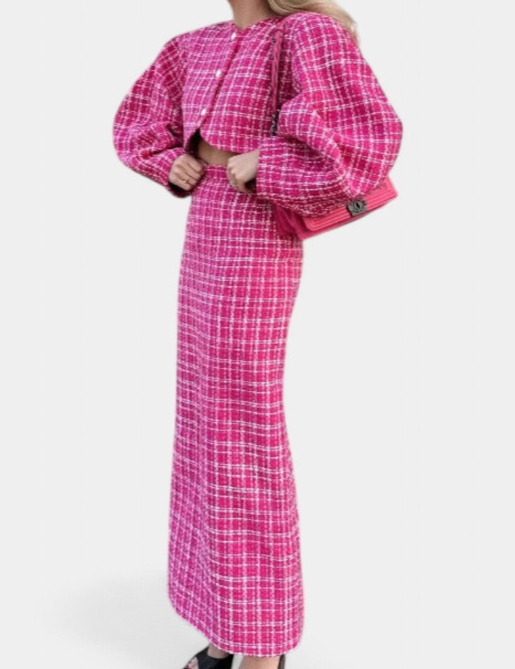 Delphine - Ensemble veste à carreaux rose & jupe longue