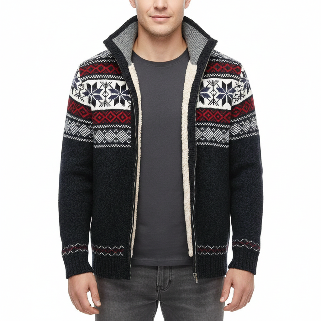 Moris Gilet Fleece Homme – Veste Jacquard Hiver à Col Haut & Motifs Scandinaves
