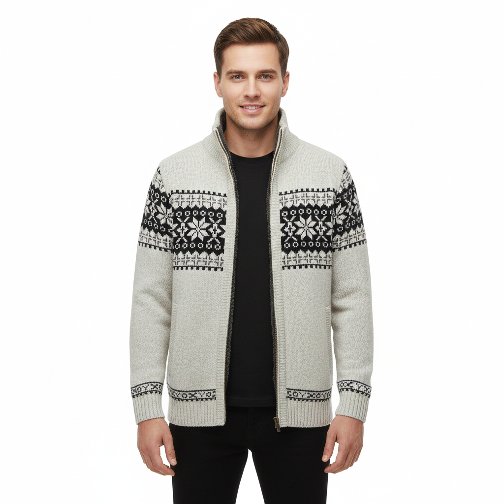 Moris Gilet Fleece Homme – Veste Jacquard Hiver à Col Haut & Motifs Scandinaves