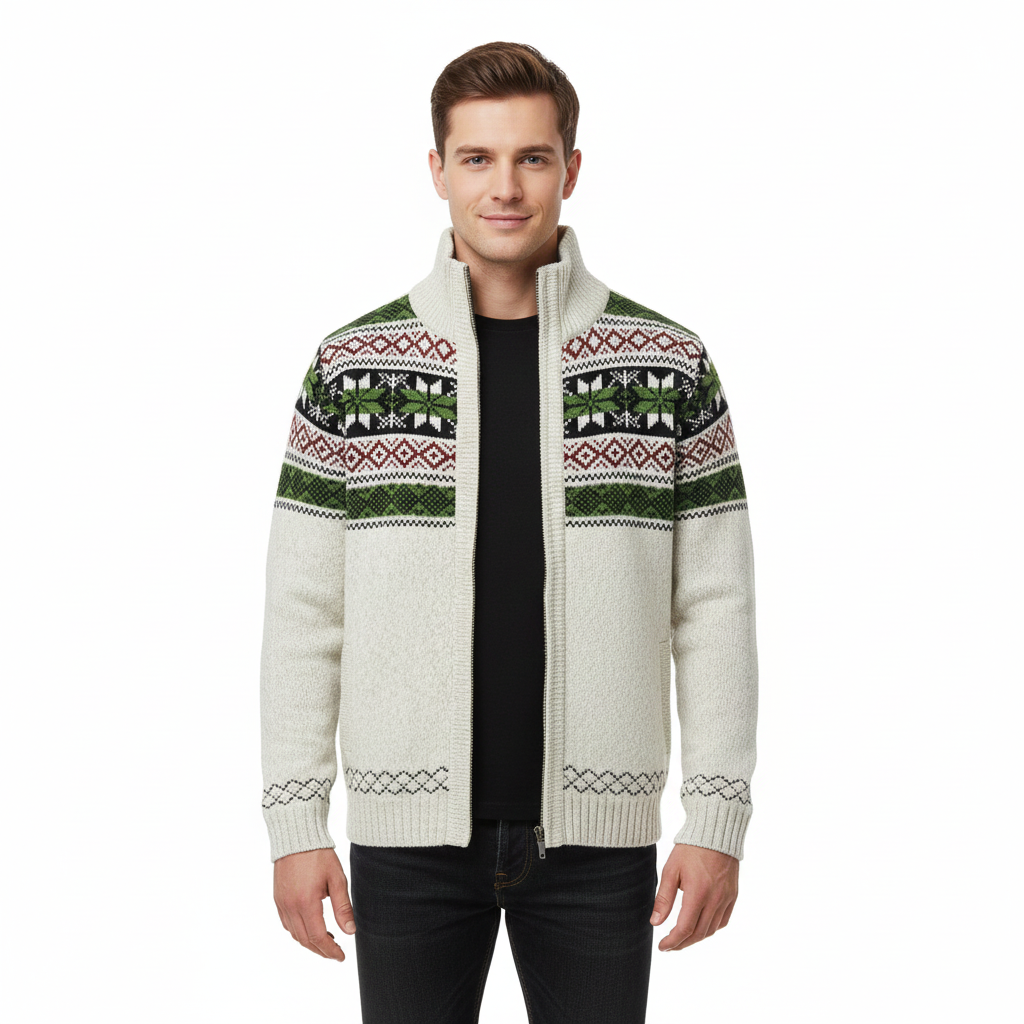 Moris Gilet Fleece Homme – Veste Jacquard Hiver à Col Haut & Motifs Scandinaves