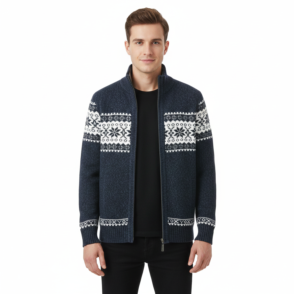 Moris Gilet Fleece Homme – Veste Jacquard Hiver à Col Haut & Motifs Scandinaves