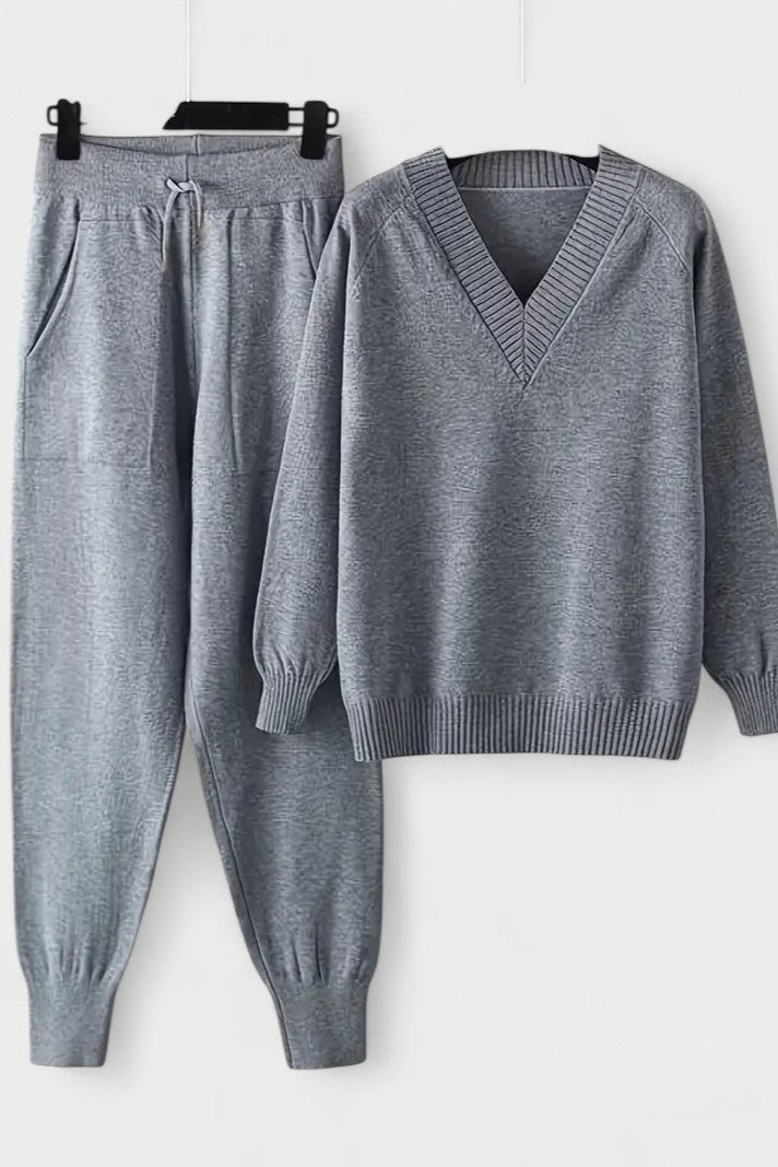 Clémence - Ensemble pull en maille col V & pantalon
