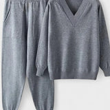 Clémence - Ensemble pull en maille col V & pantalon