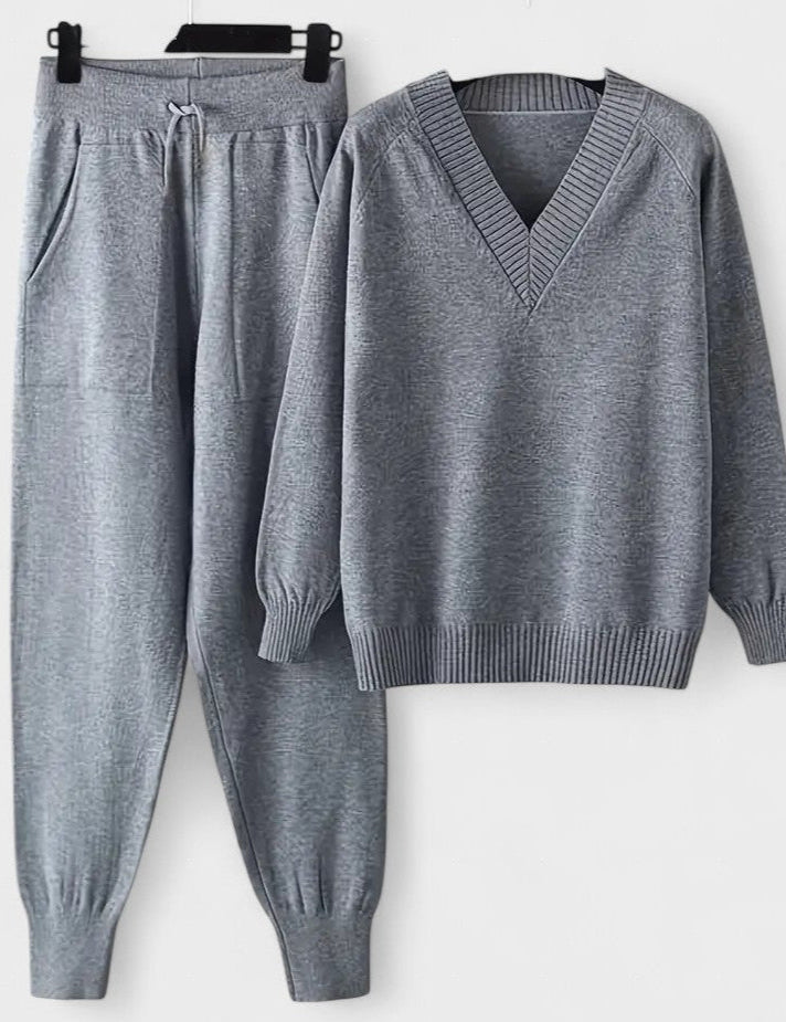 Clémence - Ensemble pull en maille col V & pantalon