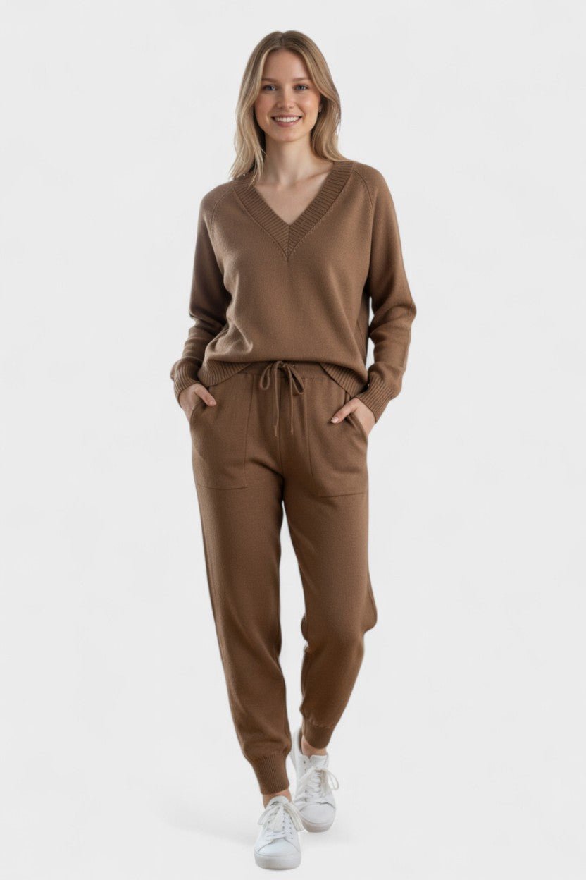 Clémence - Ensemble pull en maille col V & pantalon