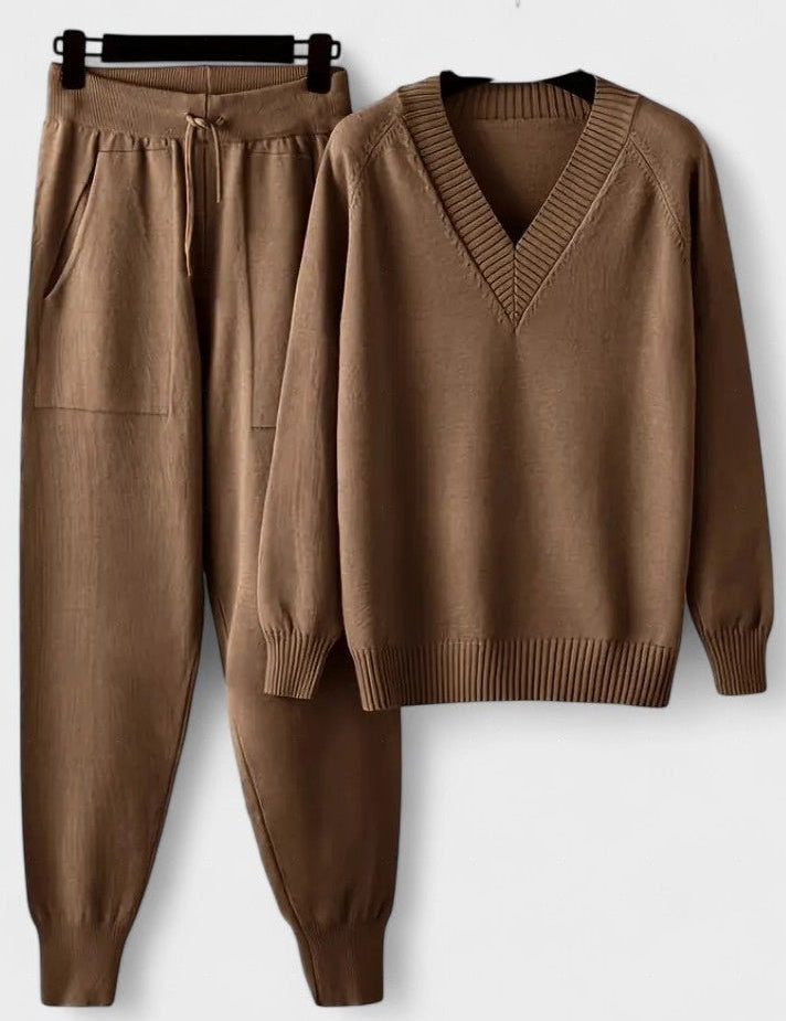 Clémence - Ensemble pull en maille col V & pantalon