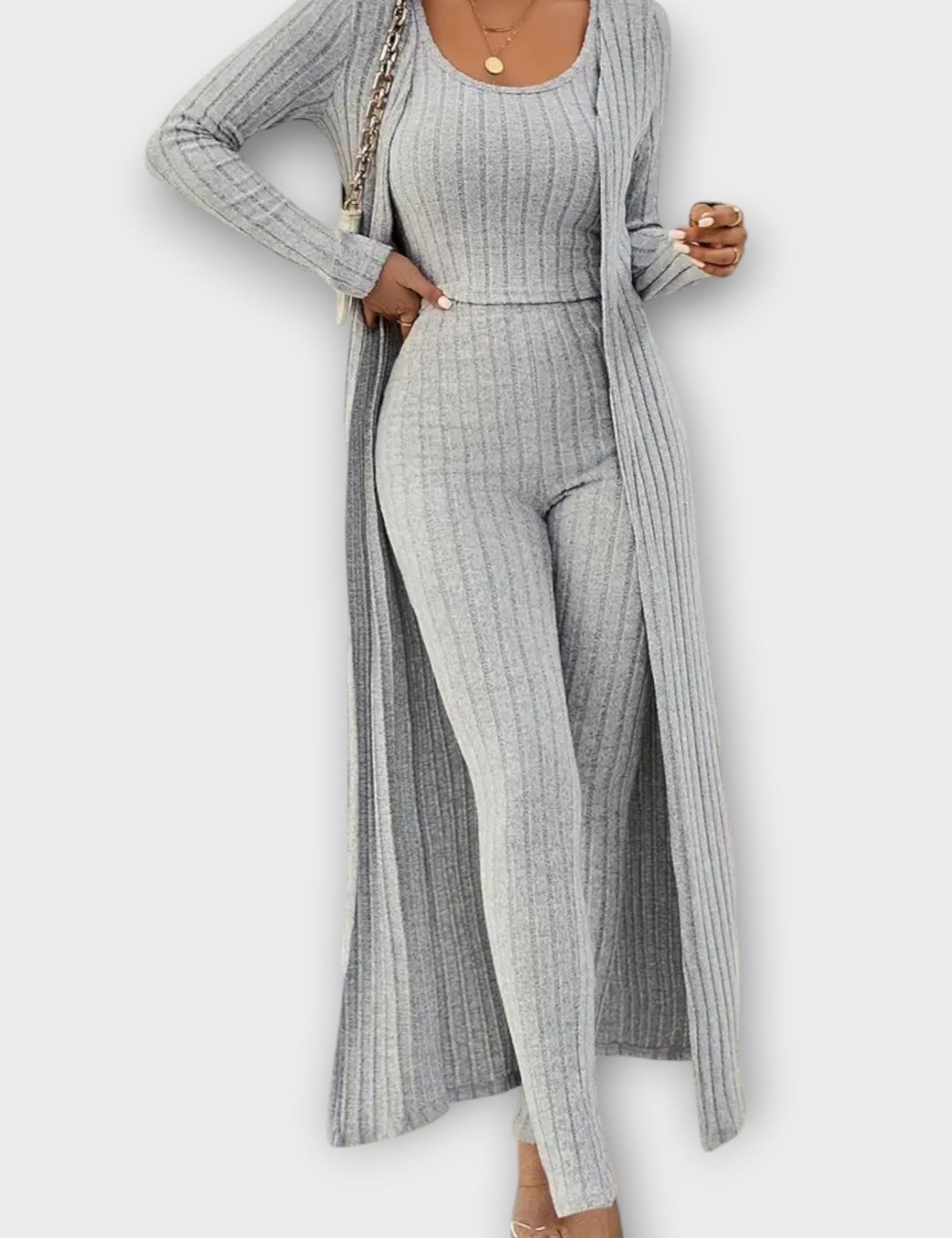 Solange - Ensemble combinaison côtelée & long cardigan