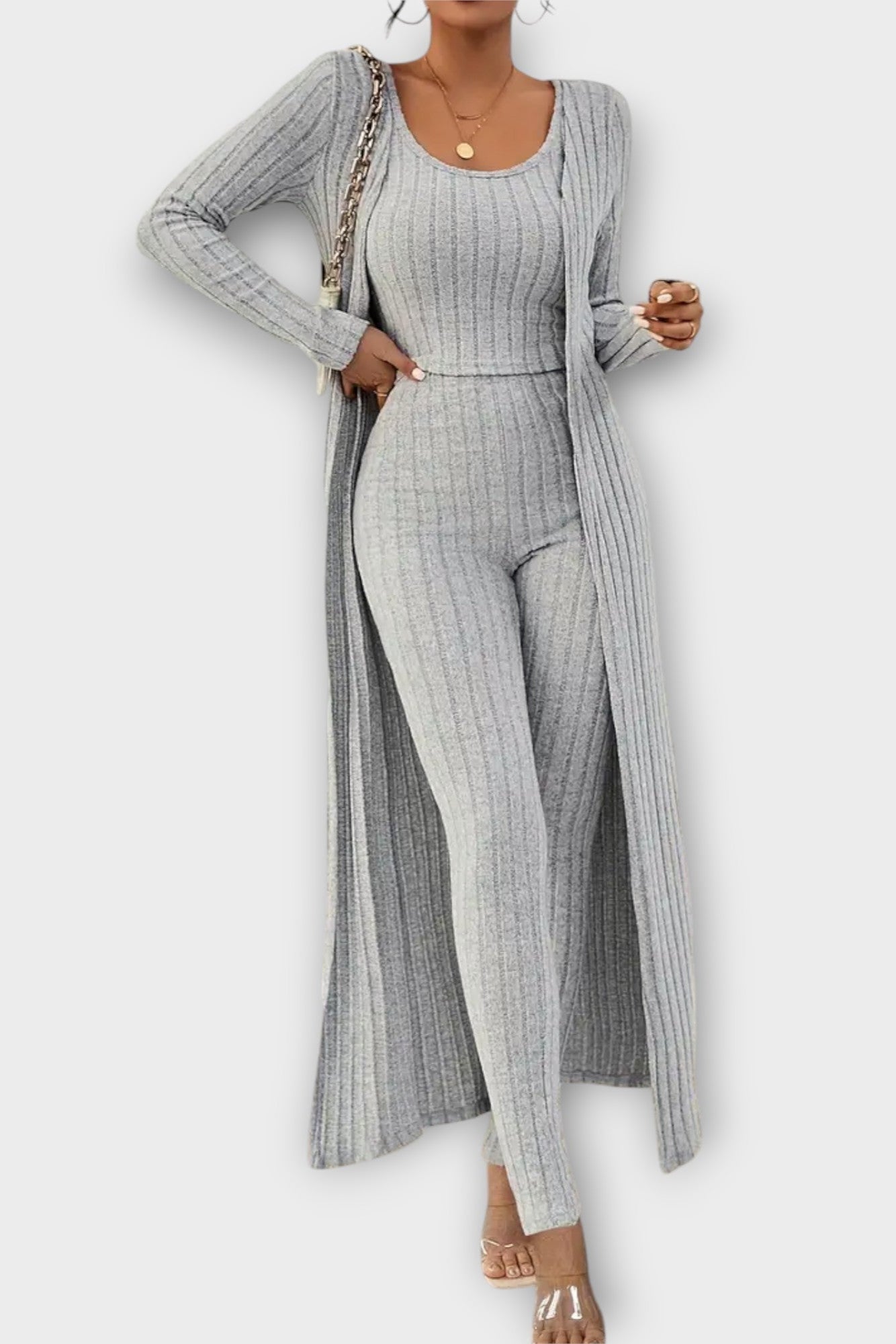Solange - Ensemble combinaison côtelée & long cardigan