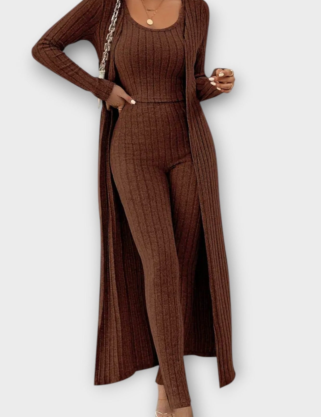 Solange - Ensemble combinaison côtelée & long cardigan