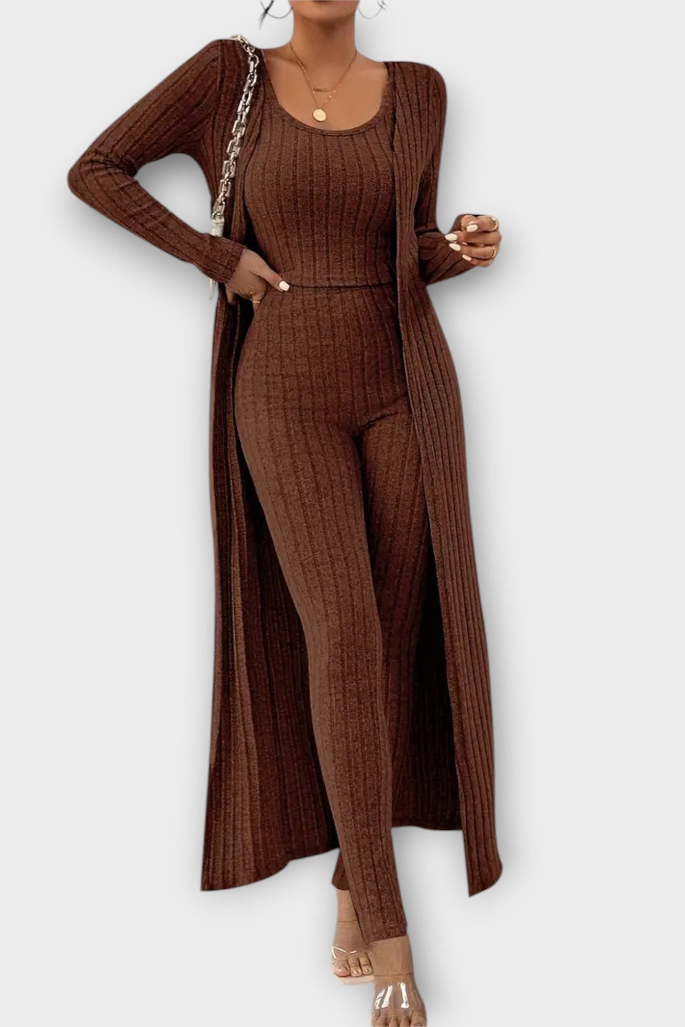 Solange - Ensemble combinaison côtelée & long cardigan