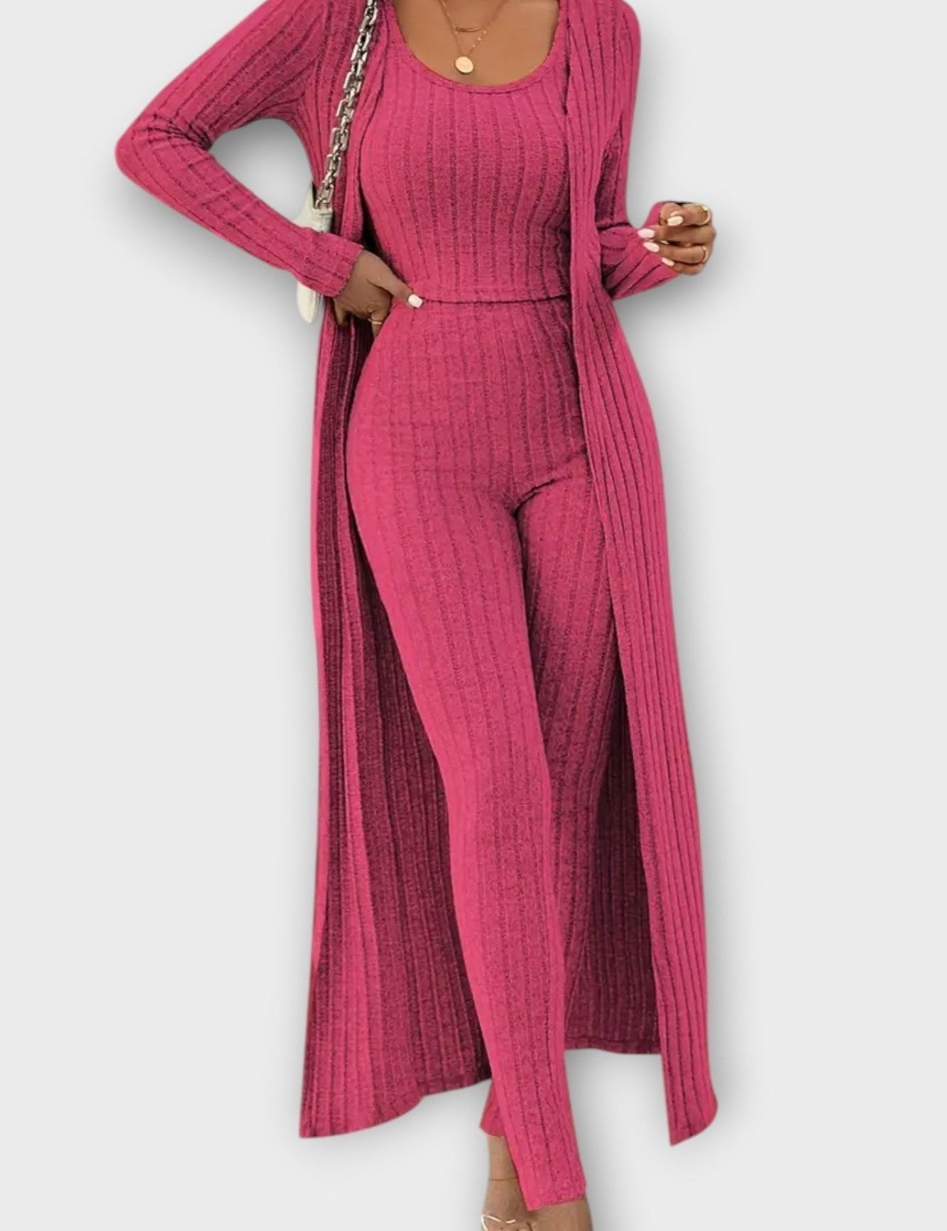 Solange - Ensemble combinaison côtelée & long cardigan