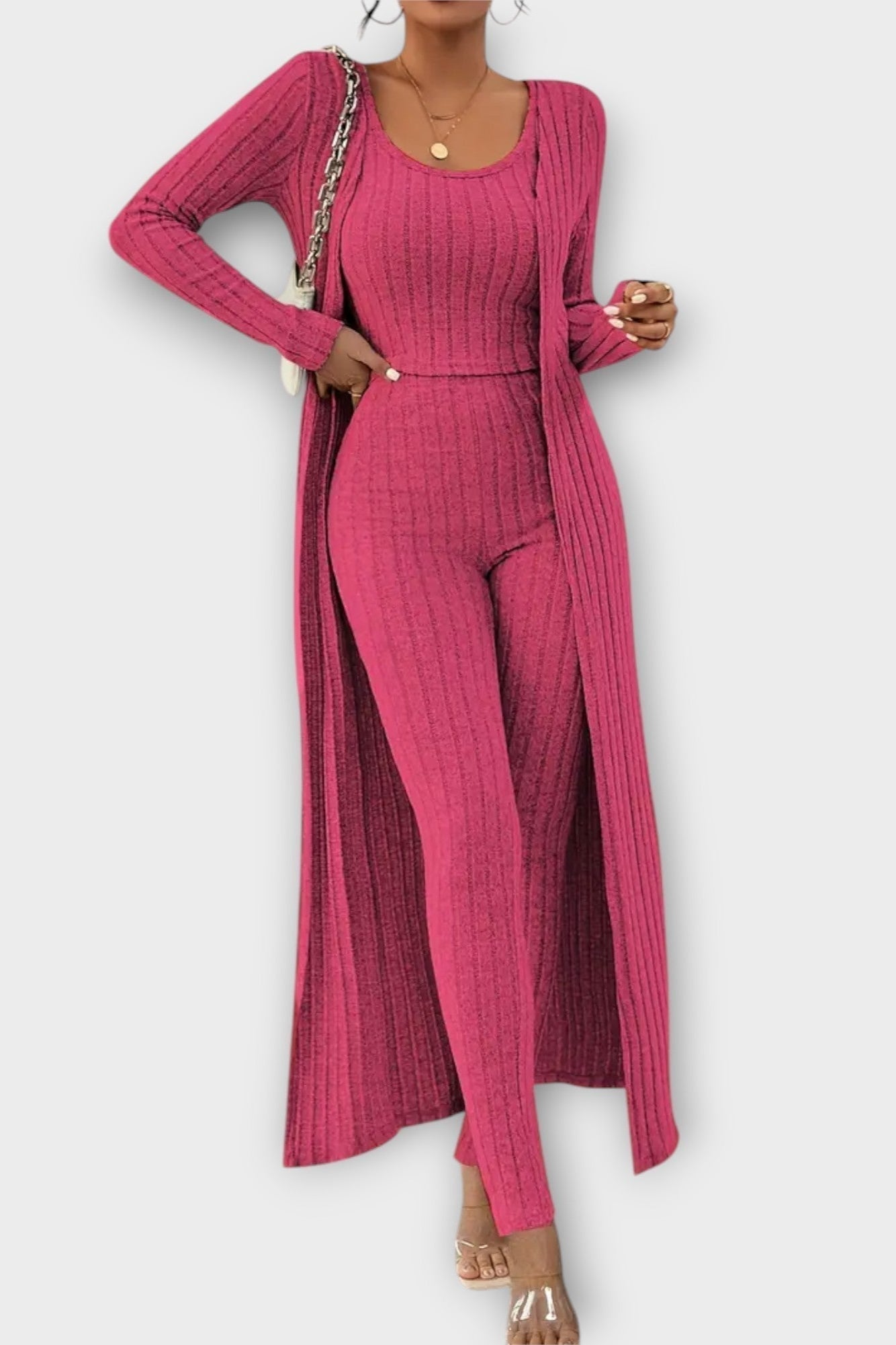Solange - Ensemble combinaison côtelée & long cardigan