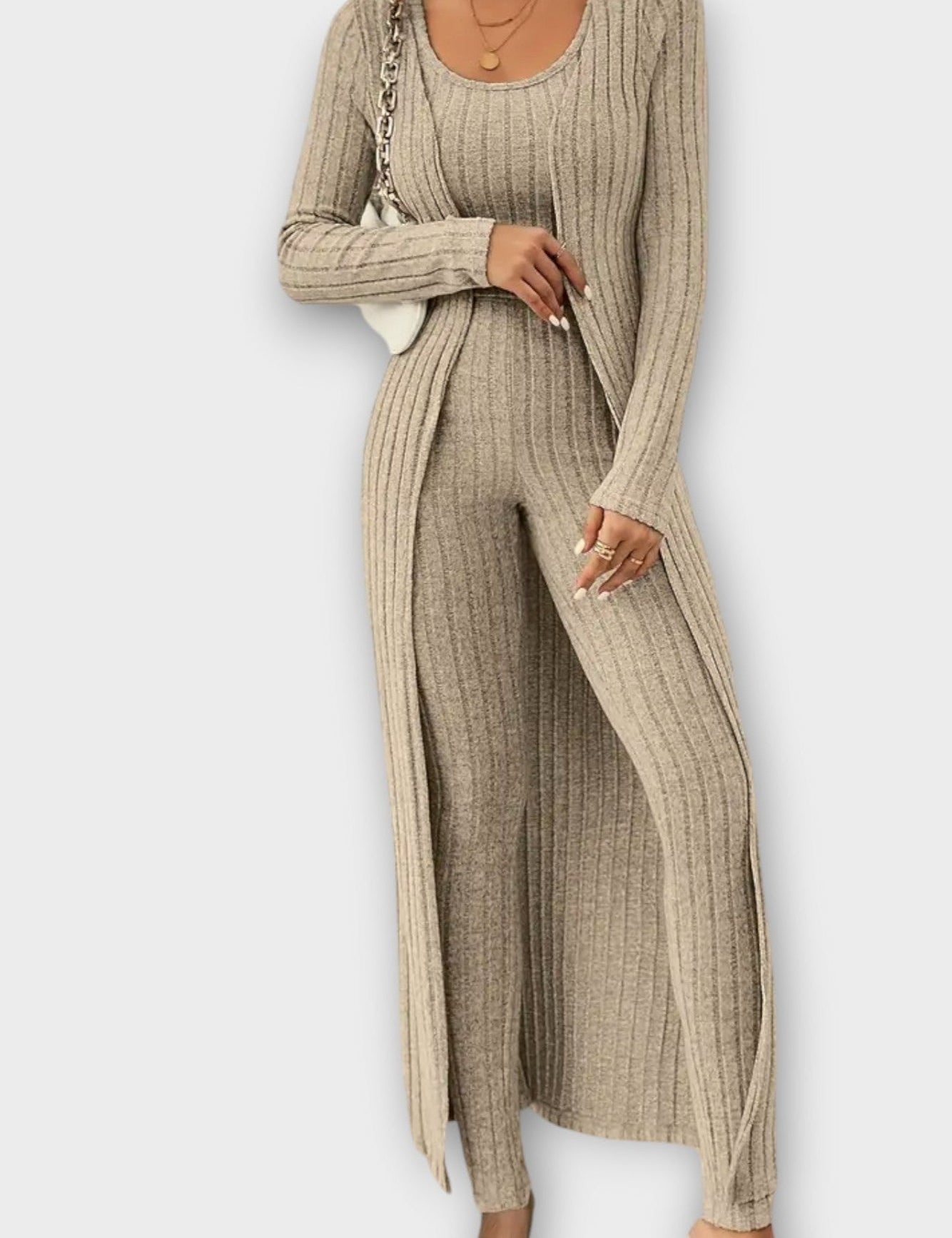 Solange - Ensemble combinaison côtelée & long cardigan