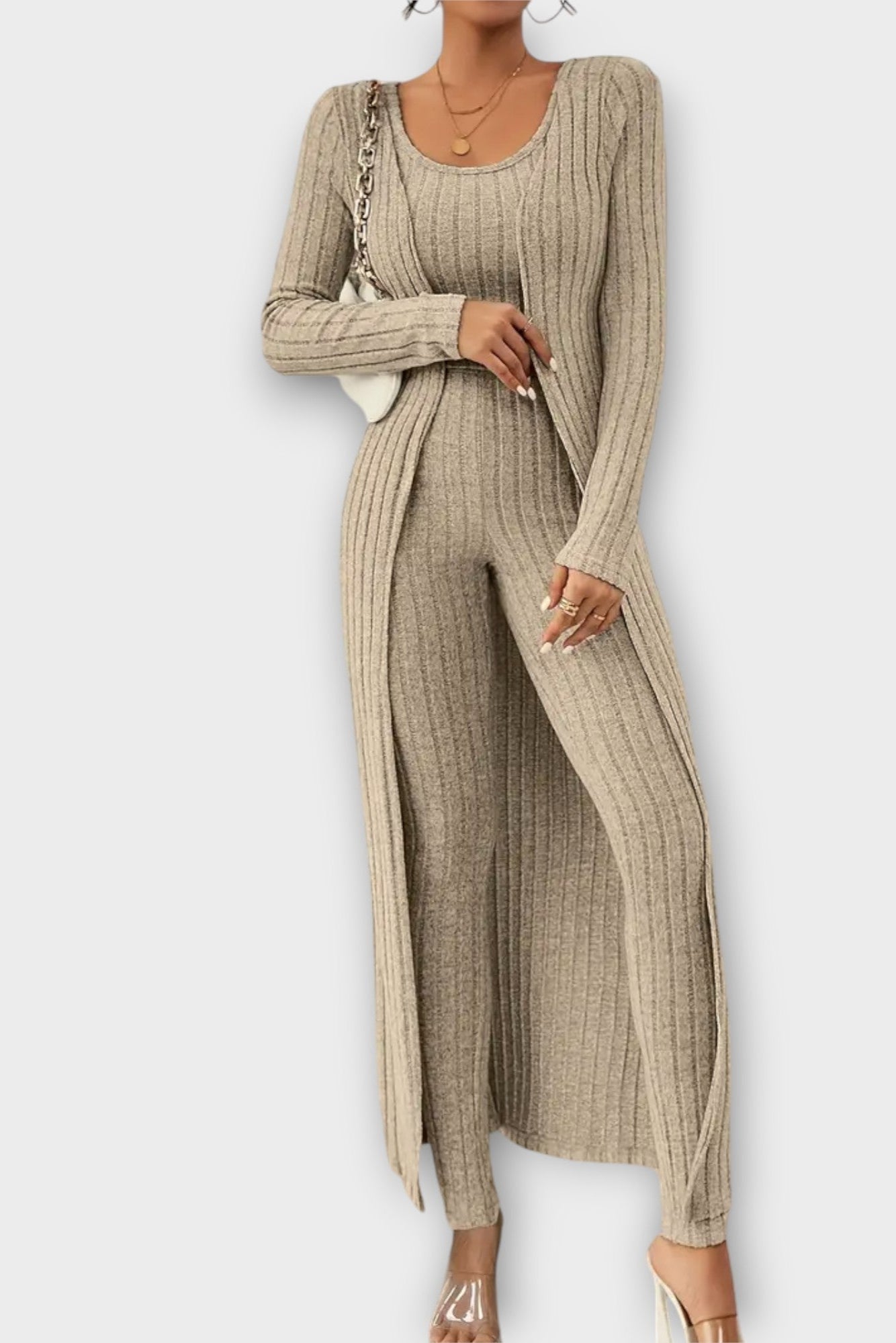 Solange - Ensemble combinaison côtelée & long cardigan