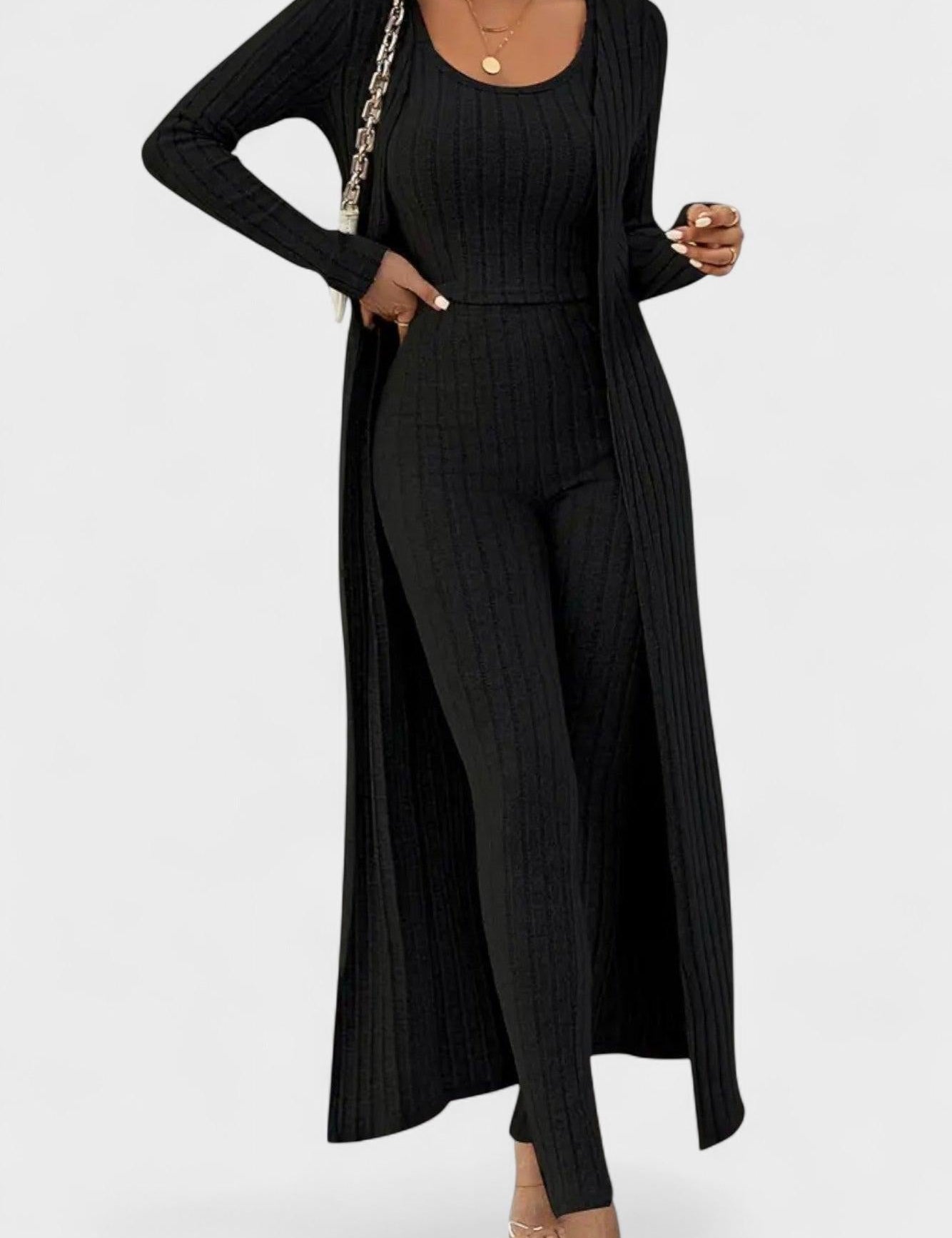 Solange - Ensemble combinaison côtelée & long cardigan