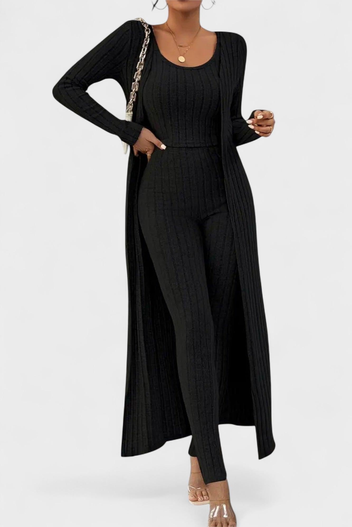 Solange - Ensemble combinaison côtelée & long cardigan