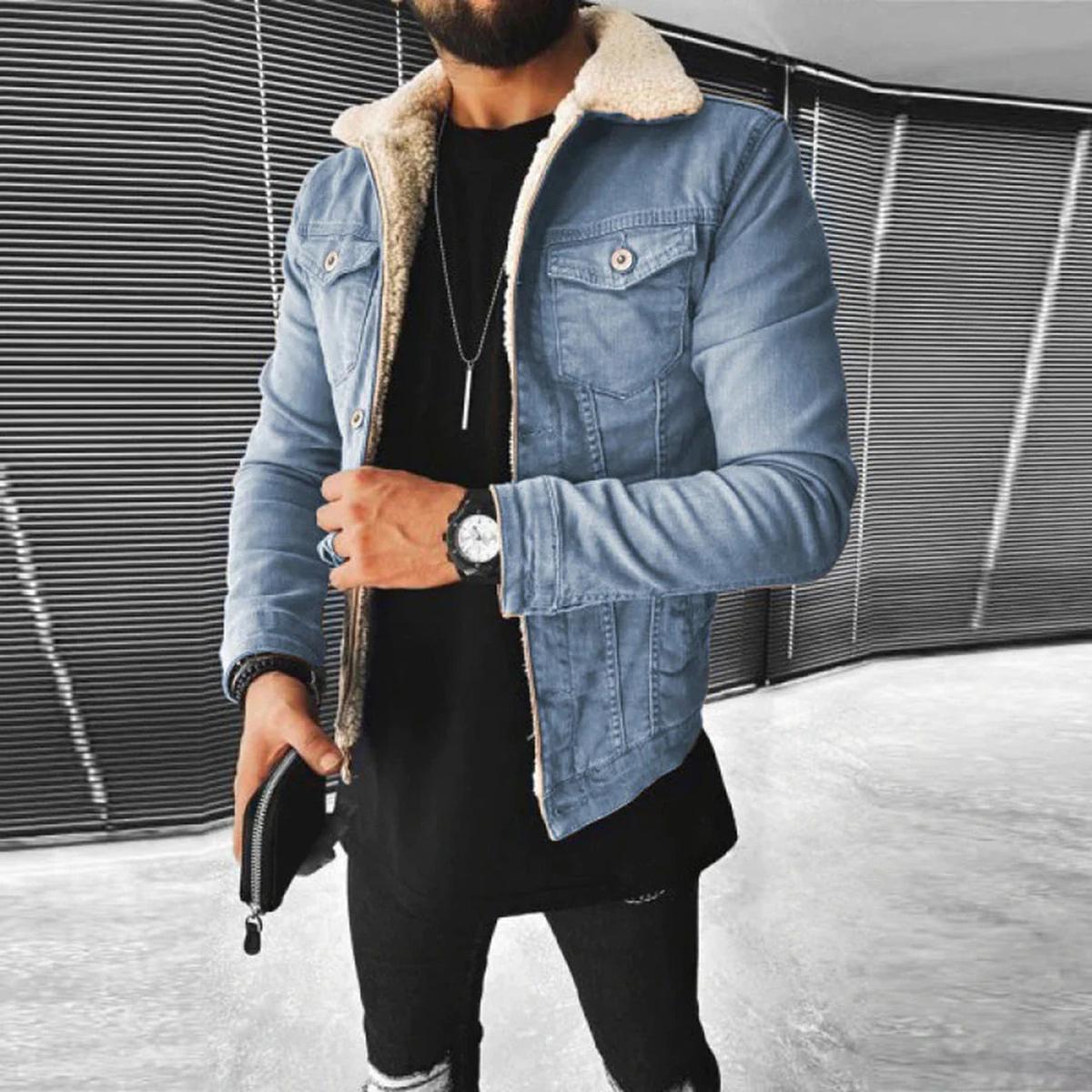 Eulo Veste en Jean Homme – Manteau Denim Doublé Polaire avec Col Revers Classique