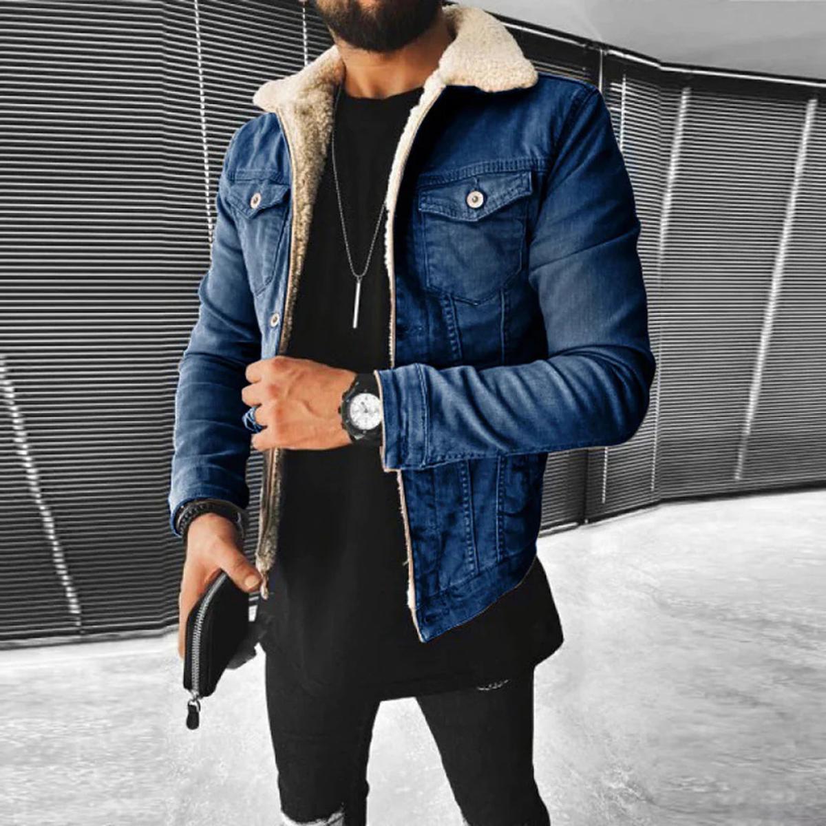 Eulo Veste en Jean Homme – Manteau Denim Doublé Polaire avec Col Revers Classique