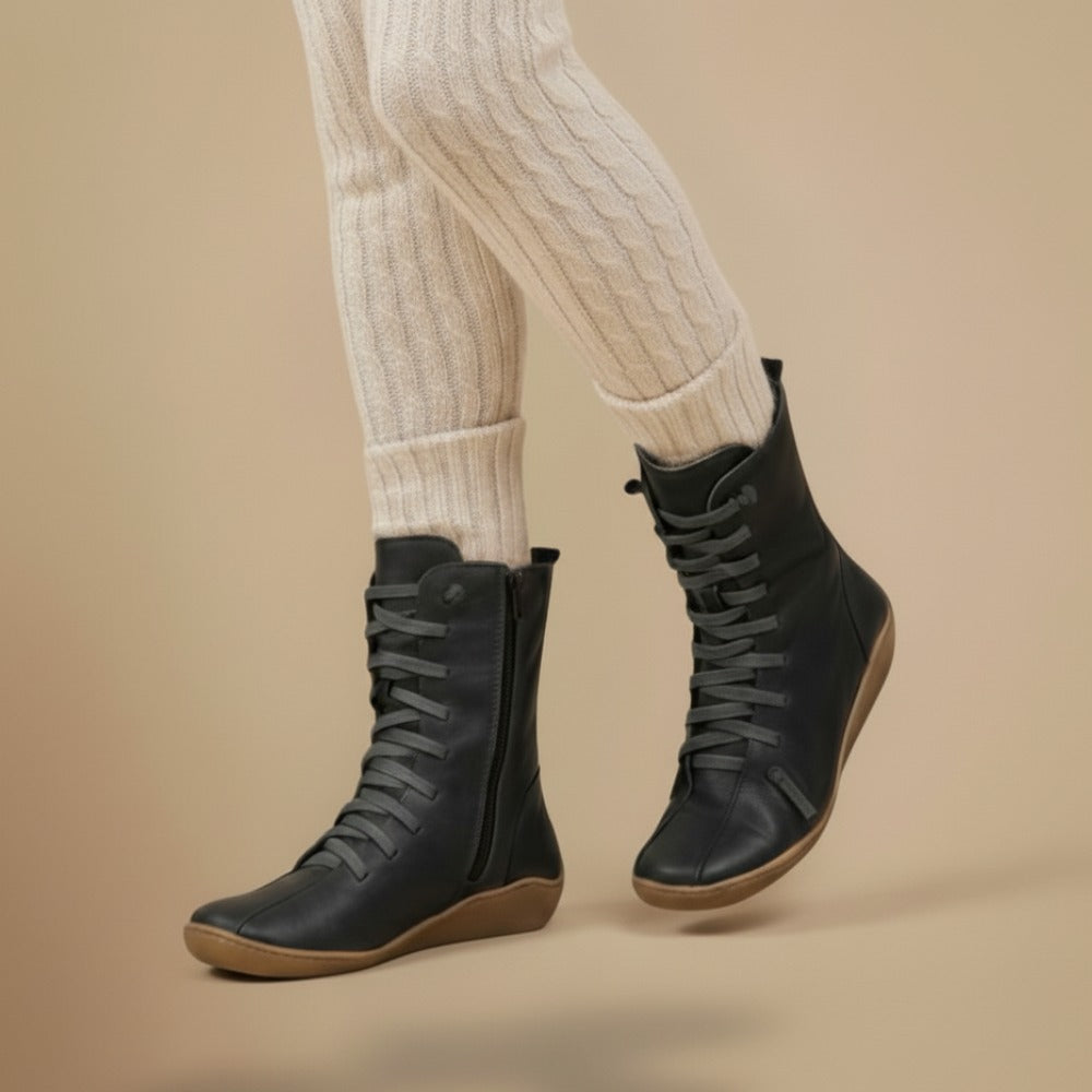 Melly Bottes Mi-Mollet Femme – Bottes Rétro à Lacets avec Fermeture Zippée & Semelle Plate