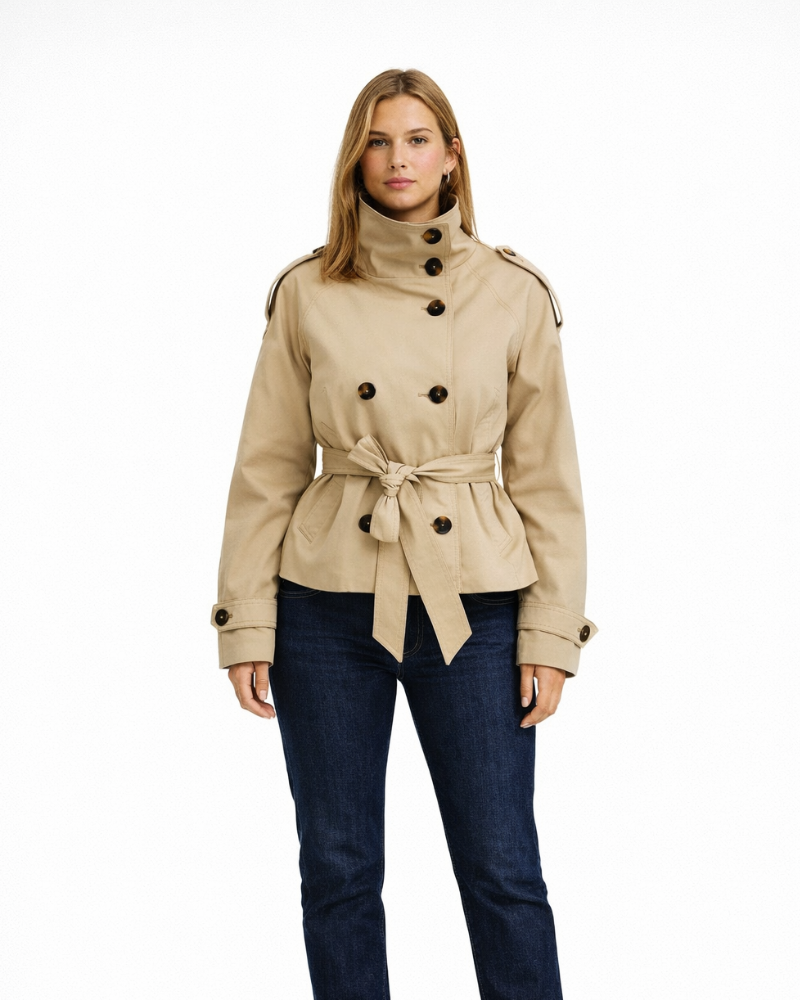 Emerald Trench Femme Court – Double Boutonnage, Ceinture Taille, Veste Automne Élégante