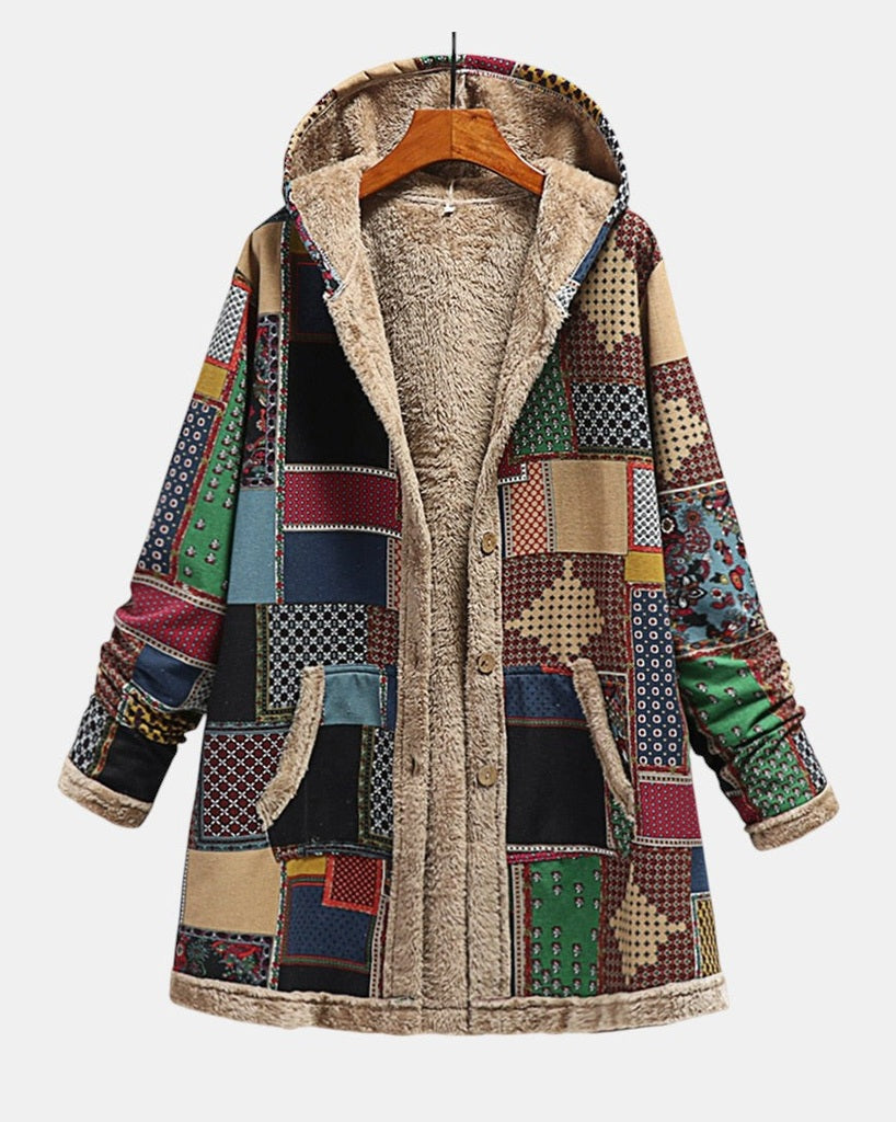 Autumn - Pull à capuche patchwork confortable en tons terre - vue d'ensemble