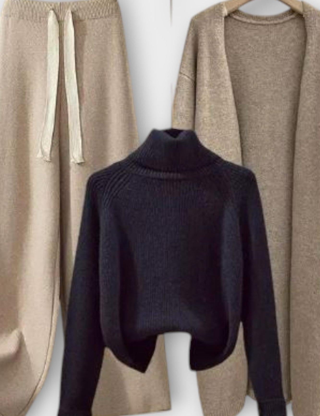 Joséphine - Ensemble pull à col roulé, cardigan & pantalon
