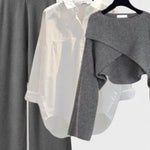 Mylène - Ensemble trois pièces chemise, top en maille & pantalon