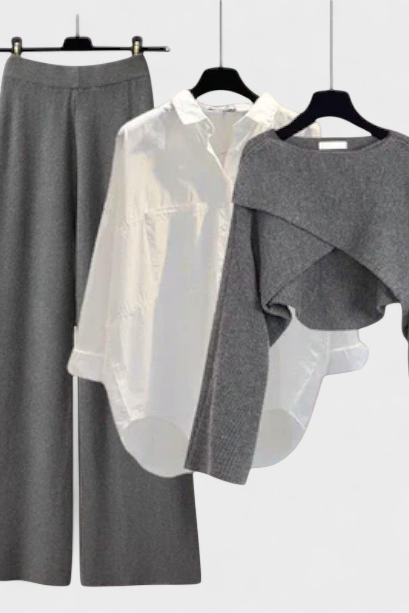 Mylène - Ensemble trois pièces chemise, top en maille & pantalon