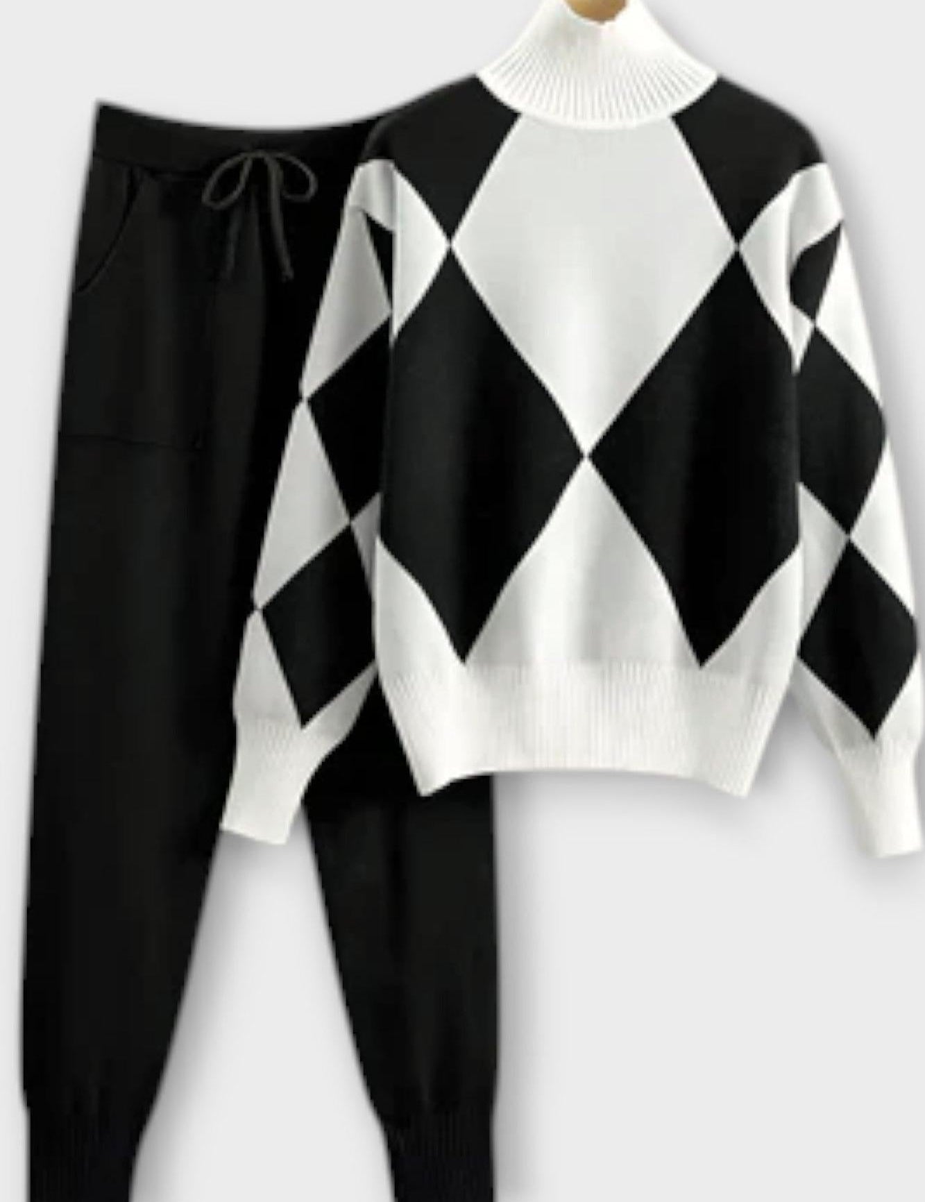 Huguette - Ensemble pull en maille argyle & pantalon