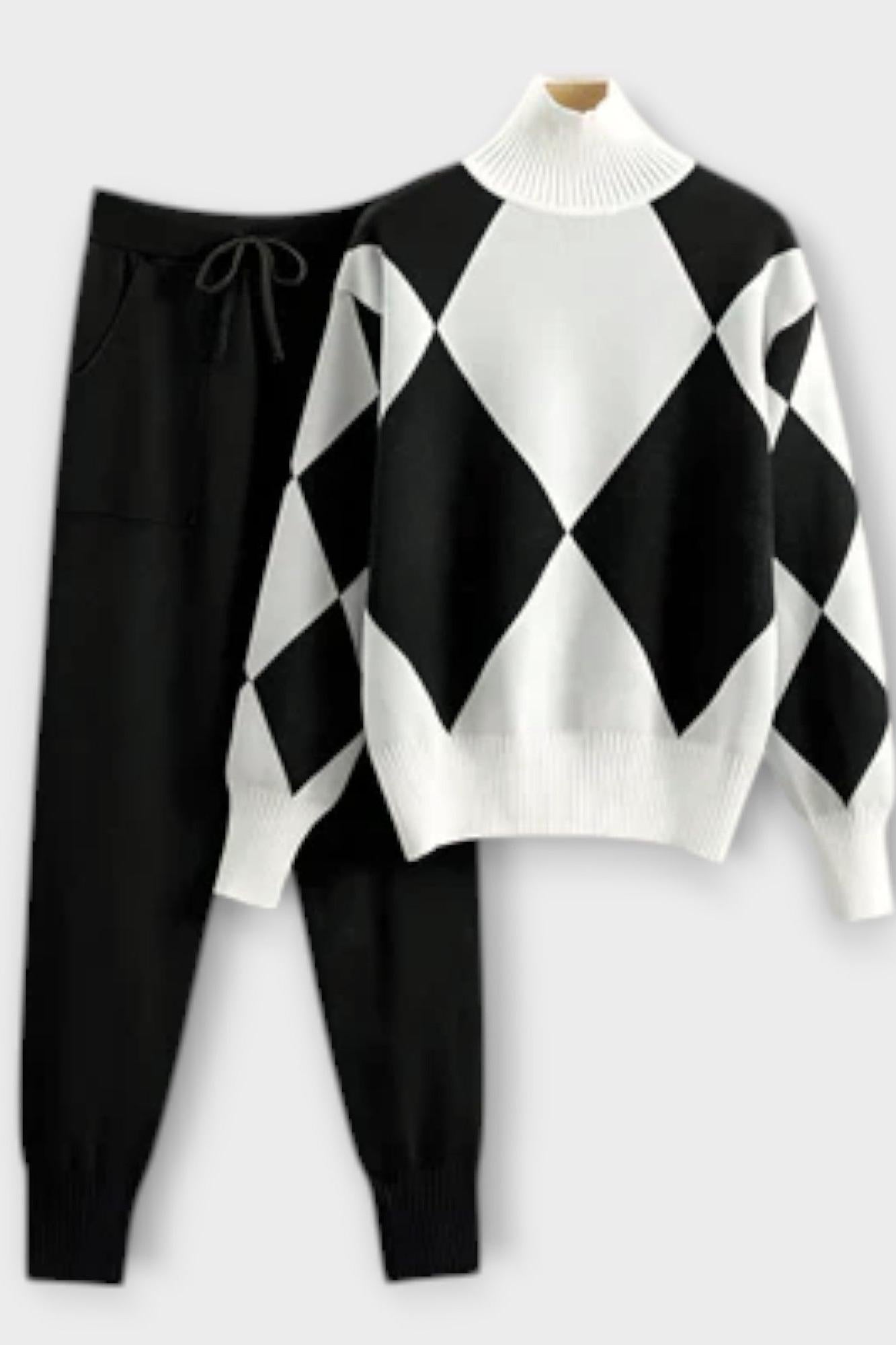 Huguette - Ensemble pull en maille argyle & pantalon