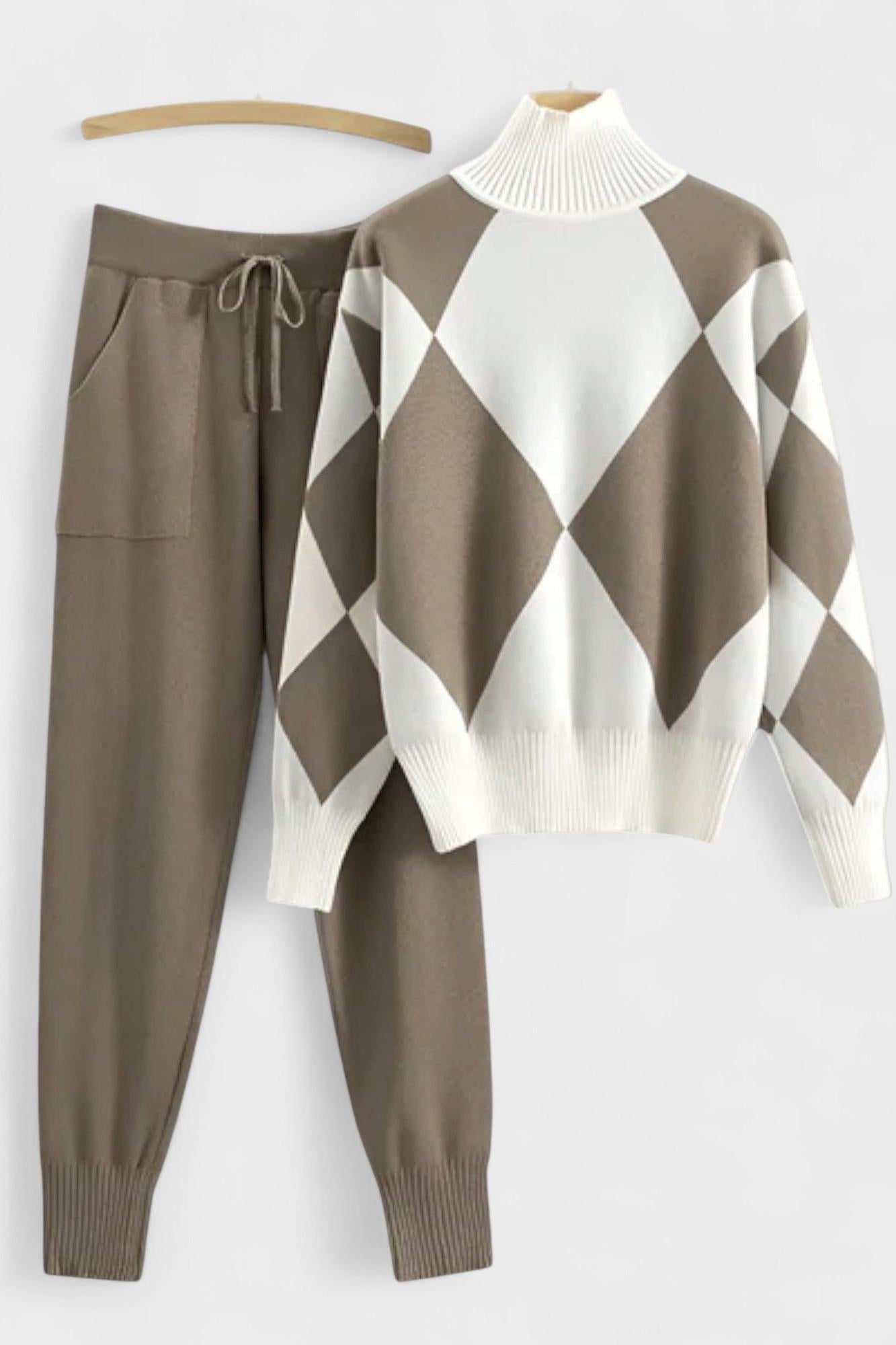 Huguette - Ensemble pull en maille argyle & pantalon