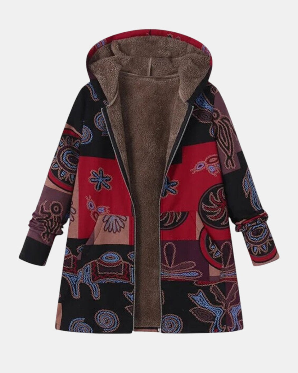 Marina - Manteau à capuche en patchwork boho avec motif abstrait - vue d'ensemble