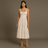 Emelie Robe Midi Femme – Robe Fleurie Romantique avec Bretelles Réglables & Taille Cintrée