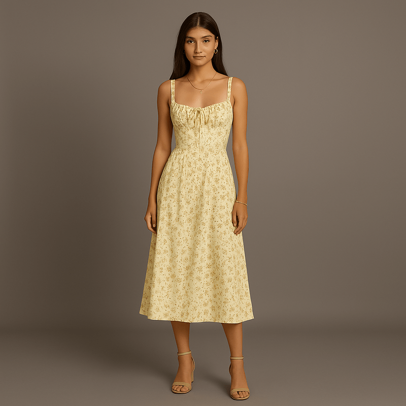 Emelie Robe Midi Femme – Robe Fleurie Romantique avec Bretelles Réglables & Taille Cintrée