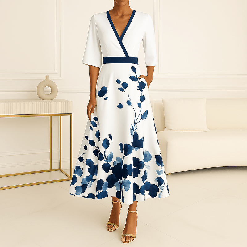 Belle Robe Longue pour Femme - Robe florale avec col en V, ceinture et fente pour l'élégance estivale