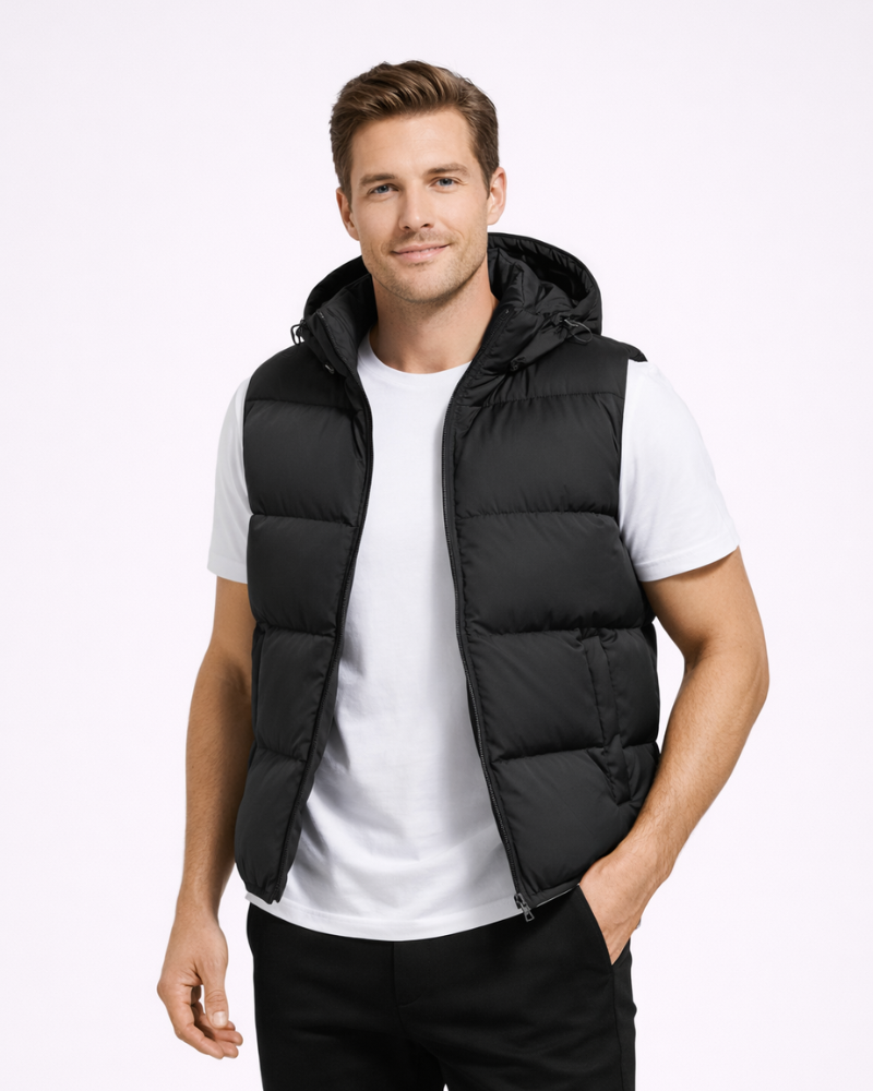 Brent Gilet Homme Matelassé – Capuche Amovible, Col Montant, Coton Épais Zippé
