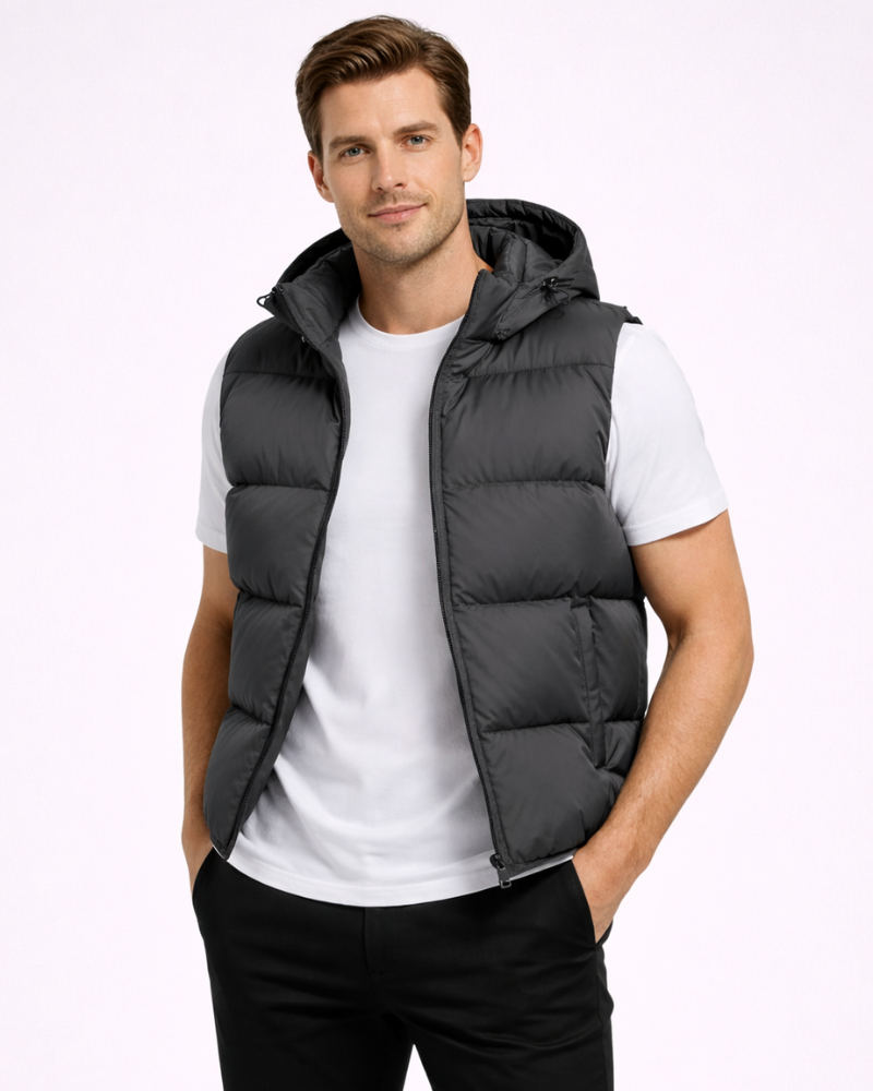Brent Gilet Homme Matelassé – Capuche Amovible, Col Montant, Coton Épais Zippé